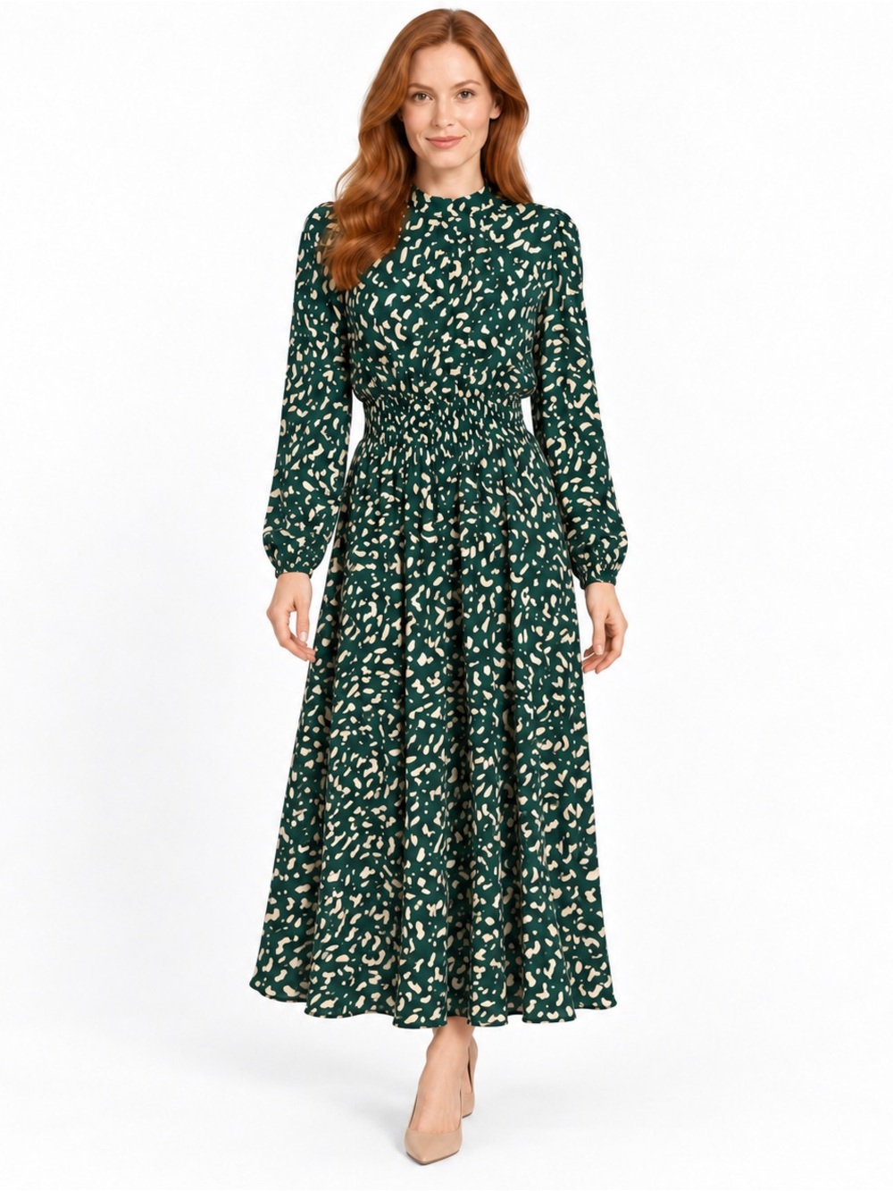 APRICOT Forest Green and Cream Printed Smocked Waist Maxi Dress